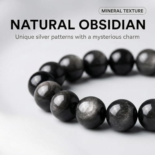 ANNIE WU Natural Silver Sheen Obsidian Bracelet for Women Men, Genuine Black Obsidian Beaded Bracelet, Healing Crystal Protection Bracelet, Polished Gemstone Stretch Bracelet, Gift Box Included - Thumbnail 3