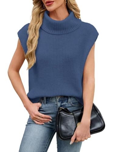 SunnyMelody Womens Oversized Cute Sleeveless Sweater 2025 Turtleneck Knit Vest Fall Winter Soft Ribbed Pullover Loose Fit High Neck Layering Top Casual Chic Knitwear Sweaters Vests Denim Blue L - Image 1