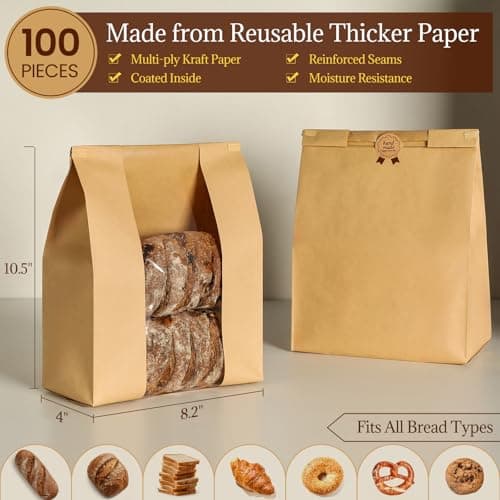 AOZITA 100 Pack Paper Bread Bags with Tin Tie Lock & Clear Window - Large Bakery Bags for Homemade Sourdough Bread, Cookies, Snacks Storage 14"x8.3"x3.5" Includes Seal Stickers - Thumbnail 2
