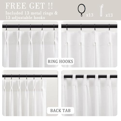HUEVESSEL White Curtains 63 Inch Length for Living Room Pinch Pleated Pure White Linen Curtain Semi Sheer Short Pleat Drapes with Hooks Rings Bedroom 2 Panels Set - Thumbnail 5