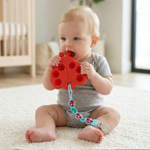 BIGSPINACH Teething Toy & Pacifier Clip Set,Ladybug Pop-It Teether & Pacifier Hold,Multi-Textured Chew Toy with Number Buttons for Early Learning, Baby Teething Relief (Red+Blue) - Thumbnail 5