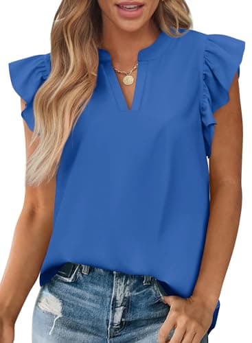 Zenlonr Womens Summer Tops 2026 Casual V Neck Ruffle Cap Sleeve Blouse Shirts Solid Color Tunic Tops(Blue,Small) - Image 1