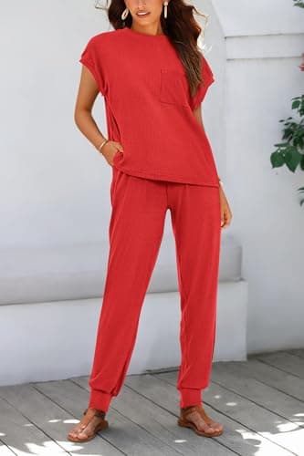BTFBM Women's Two Piece Tracksuit Outfits Summer Short Sleeve Tops Long Pants Jogger Lounge Matching Sets Sweatsuit(Red,X-Large) - Thumbnail 5
