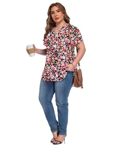 PLOKNRD Plus Size Tops Womens Tunic Tops Short Sleeve Pink T-Shirts V-neck Summer Dressy Blouse Casual Boho Cute Tops 3X - Thumbnail 5