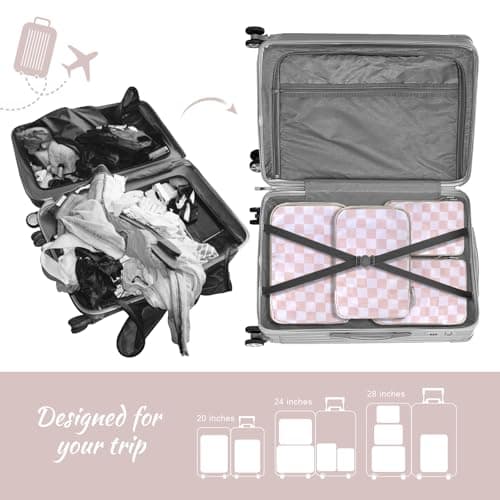 WOOMADA Compression Packing Cubes for Suitcases Travel Essentials 4 Set Expandable Travel Bags Organizer for Luggage(pink checkerboard) - Thumbnail 5
