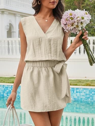 Wenrine Womens Sleeveless V Neck Romper Skort Mini Dress Linen Tie Waist Shorts Jumpsuit Loose Vacation Outfits Apricot - Thumbnail 2