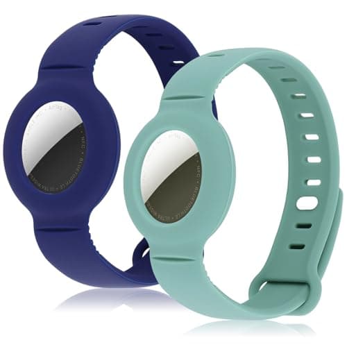 Airtag Bracelet for Kids Adjustable Airtag Watch-Style Wristband, Waterproof Silicone Airtag Holder, Compatible with Apple Airtag, 2-Pack / 8-Pack air tag Bracelet (Dark Blue & Green 2-Pack)