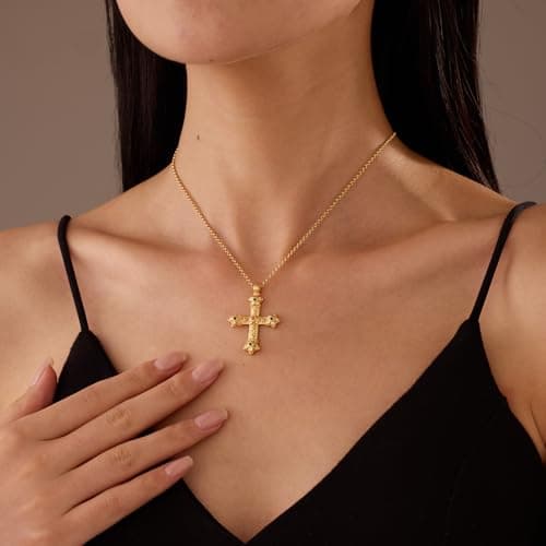 GZQ Chunky Gold Cross Necklaces for Women Big Cross Pendant Necklace Statement Long Chain Prayer Religious Jewelry (B) - Thumbnail 2