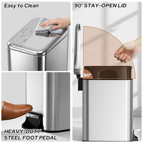 Halituny Small Bathroom Trash Can w/Lid Soft Close, 6 Liter/1.6 Gallon Stainless Steel Garbage Can w/Inner Bucket, Trash Bin Waste Basket for Kitchen, Bedroom, Living Room, Office, Toilet, Silver - Thumbnail 6