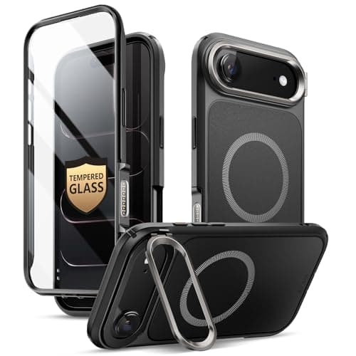 i-Blason All-in-One for iPhone 17 Air Case MagSafe with Stand, 360° Full-Body with Built-in 9H Glass Screen Protector, Camera Control, Ring Kickstand, Military-Grade Heavy Duty Protection, Black