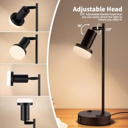 Lsctiff Industrial Table Lamp with Remote Control for Stepless Dimmer & Temperatures, Bedside Lamp with USB C+A Ports and AC Outlet, Flexible Head-Desk Lamp for Bedroom, Living Room, Office (Walnut) - Thumbnail 3