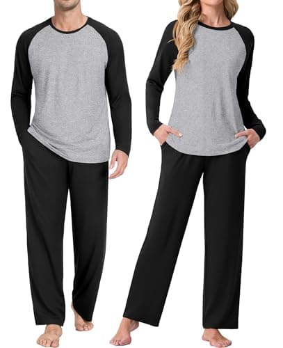 PrinStory Women's Pajama Sets - Soft Comfort Pjs Loose Fit Classic Raglan Sleeve Tops with Pants Sleep Loungewear Set Black M - Image 1