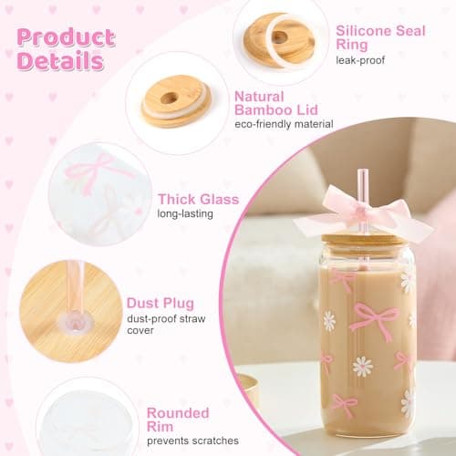 Celebloom Coquette Pink Bow Daisy Glass Cup with Lids and Straws, Girly Preppy Design Tumbler Mug, Birthday Valentines Christmas Gifts for Teen Girl Women Girlfriends, Teen Girl Gifts Trendy Stuff - Thumbnail 3