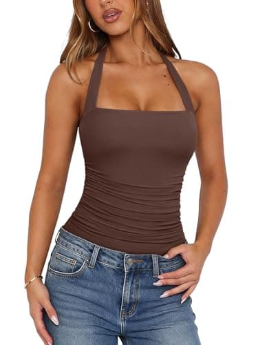 PINKMSTYLE Mesh Sleeveless Bodysuit Tank Tops for Women Double Lined Halter Square Neck Thong Body Suits Coffee Large - Image 1