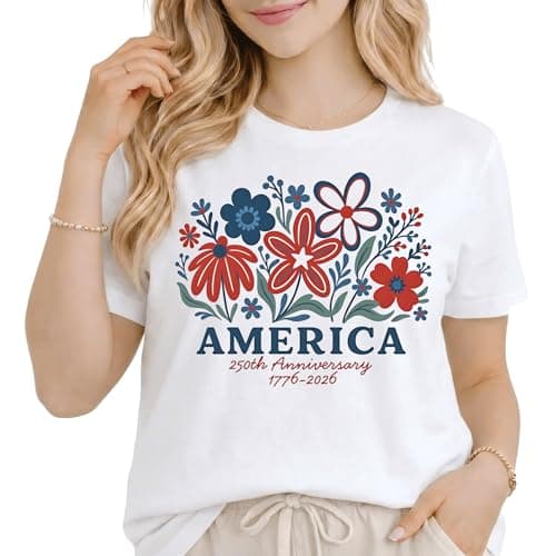 Women's 4th of July Shirts America 250th Anniversary T-Shirt Patriotic Floral Graphic Tee Casual Summer Top White - Image 1