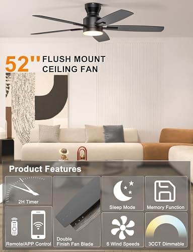 Ohniyou Ceiling Fans with Lights, 52'' Low Profile Ceiling Fan with Light and Remote/APP Control, Modern Flush Mount Ceiling Fan for Indoor Bedroom Living Room, Dimmable, Qiuet DC Motor, Black - Thumbnail 3