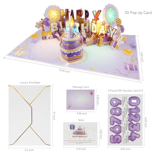 XTF2015 Firework Birthday Cards，Music & LED Lights 3D Pop Up Greeting Card with Blowable Birthday Cake, Comes with Digital DIY, Sticky Note and Envelope, for Lover, Family and Friend - Thumbnail 6