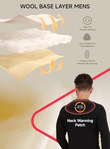 Thermal Underwear for Men Wool Long Johns Fleece Lined, Lightweight Warm Gear Set for Autumn Winter Cold Weather Top Bottom, Base Layer Thermal Long Sleeve Shirt Underpants for Running - Black M - Thumbnail 6