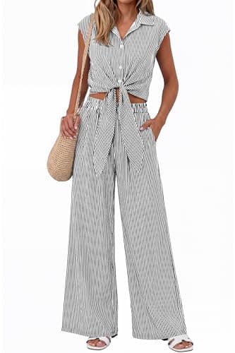 PRETTYGARDEN 2 Piece Sets For Women Summer Striped Button Down Tie Front Crop Tops Wide Leg Pants Floral Lounge Set 2026(Striped Black,Small) - Image 1