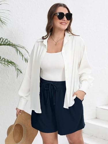 AusLook Plus Size Women's Casual Comfy Wide Leg Shorts Navy Blue 2X Lightweight High Waisted Adjustable Tie Knot Loose Summer Baggy Short Pants with Pockets - Thumbnail 5