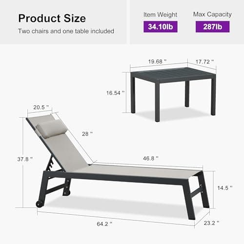 PURPLE LEAF Outdoor Lounge Chair Set of 3 Patio Chaise Pool Lounger Aluminum Frame with Side Table and Wheels for Outside Sunbathing Tanning Recliner Including Pillows Beige - Thumbnail 2