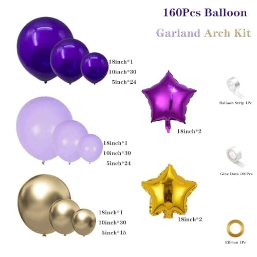 Dusty Purple and Gold Balloon Garland Arch Kit, 160Pcs Dusty Purple Light Purple Gold Latex Balloons with Star Foil Balloons for Graduation Wedding Anniversary Birthday Party Decorations - Thumbnail 2