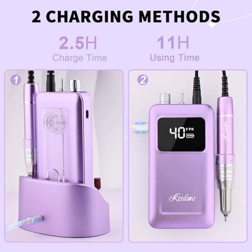 Kredioo Professional Nail Drill Brushless 40,000RPM Rechargeable 2-in-1 Portable Electric Nail File Ultra Silent Salon Must Haves Nail Tool Kit Removing Acylic Gels-Purple - Thumbnail 3