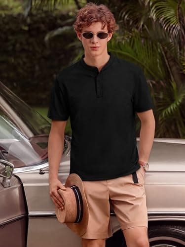 Crastimo Mens Henley Short Sleeve T-Shirt Ribbed Knitted Stretchy Slim Fit Moisture Wicking Soft Texture Fabric 4 Buttons Summer Classic Tee Black XXL - Thumbnail 6