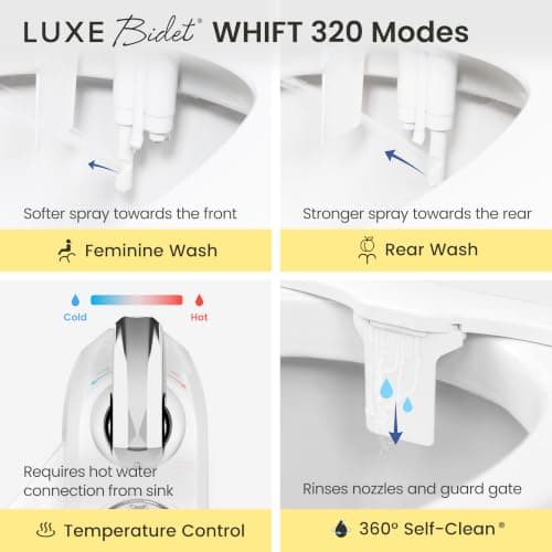 WHIFT 320 Bidet Dual Nozzle, Built-In Deodorizing Spray, Warm Water, Non-Electric Bidet Attachment For Toilet Seat, Easy Slide-In Install, Rear & Feminine Wash, LUXE Bidet (White) - Thumbnail 4