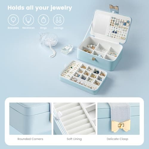 Lolalet 2 Layer Jewelry Box for Teen Girls & Young Women, Jewelry Organizer Case with Bow Clasp and Mirror for Earrings Rings Necklaces Storage, Gift Idea -Blue - Thumbnail 2