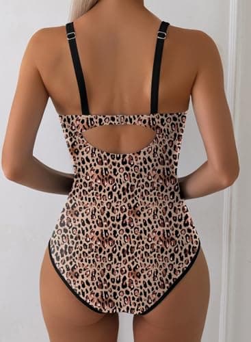 Aleumdr Women's Leopard Printed One Piece Swimsuit Tummy Control Retro Bathing Suit Padded Push Up High Cut Swimwear Black Leopard Large - Thumbnail 3