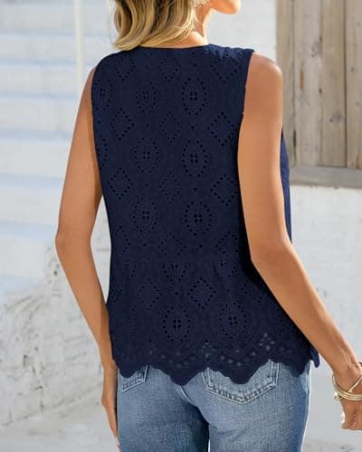 BTFBM Womens Tank Tops 2026 Summer Casual Sleeveless Button Down Shirts Embroidered Eyelet Blouse Beach Vacation Clothes(Navy, X-Large) - Thumbnail 3