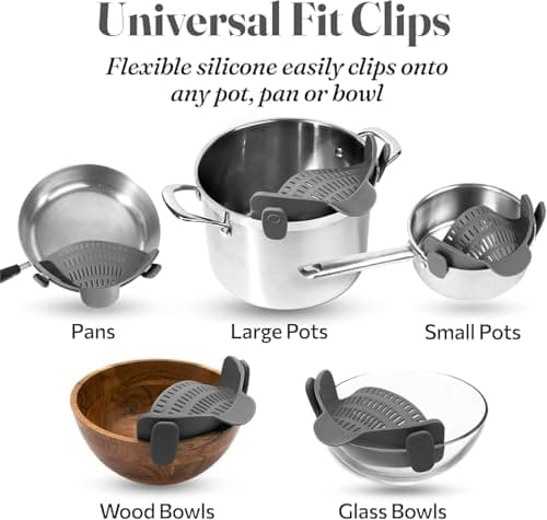 Clip On Strainer Silicone for All Pots and Pans, Pasta Strainer Clip on Food Strainer for Meat Vegetables Fruit Silicone Kitchen Colander (Grey) - Thumbnail 3