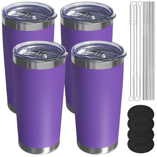 UIRZOTN Travel Coffee Tumbler 20oz, 4 Pack Leakproof Travel Coffee Mug with Lid and Straw, Stainless Steel Double Wall Vacuum Insulated Tumbler for Hot/Iced Drinks (Purple, Textured Matte)