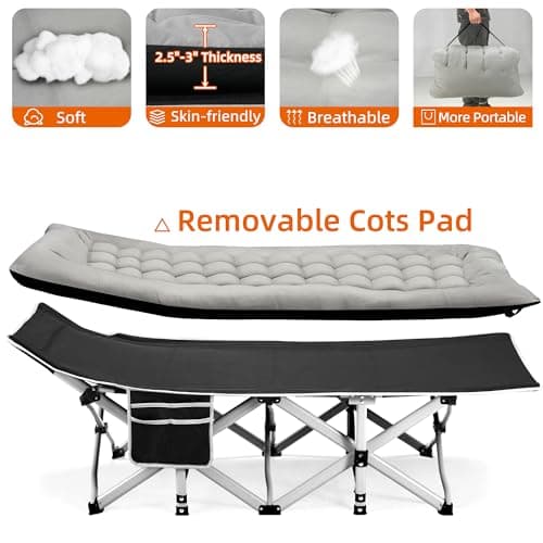 Fragess Portable Camping Cot, Sleeping Cots for Adults, 28" Extra Wide Folding Cot Max Load 600LBS with Thick Mattress, Portable Camping Bed for Outdoor Camp/Office, Home Nap (Black+Grey) - Thumbnail 5