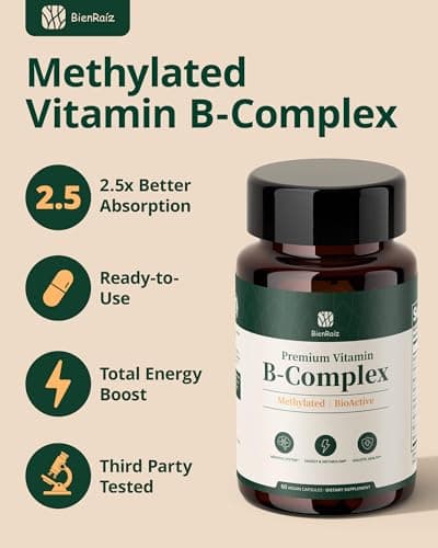 BienRaiz Methylated B-Complex with L-5-MTHF & Methyl B12-2.5X Absorption for MTHFR Support Energy, Brain & Nerve Health - Vegan, Gluten Free, Keto Friendly, 60 Capsules (60-Day Supply) - Thumbnail 2