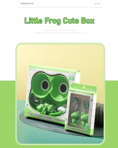 Ecrekhom Silicone Baby Feeding Set 5 Pcs, Weaning Supplies, Frog Baby Plates Baby Spoon & Fork, Baby Utensils Feeding Essentials - Thumbnail 6