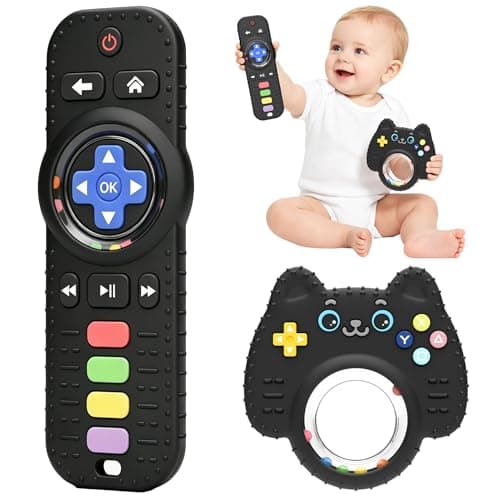 Chuya Baby Toys Baby Remote Control Teething Toys,2 Pack Silicone Teether Rattles for 0 6 12 24 Months Infants, Sensory Development Teething Relief,Black - Image 1