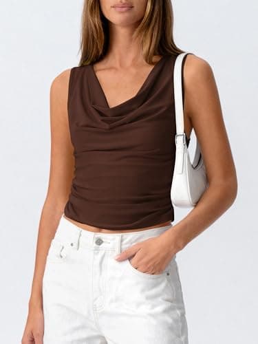 BTFBM Cowl Neck Tops for Women 2026 Sleeveless Going Out Business Casual Tank Top Spring Summer Outfits Fashion Clothing(Brown, Small) - Thumbnail 3
