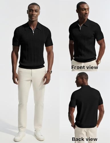 PJ PAUL JONES Casual Shirts for Men Textured Polo Shirt Short Sleeve Quarter Zip Stretch Knit Polo Regular Fit Black M - Thumbnail 5