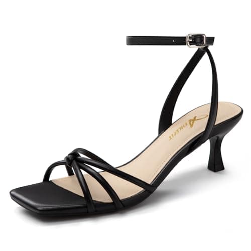 Athlefit Black Kitten Heels for Women Square Open Toe Strappy Low Heels Comfortable Dressy Ankle Strap Sandals Size 6
