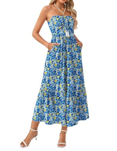 GRACE KARIN Summer Maxi Dresses for Women 2026 Floral Strapless Tube Top Boho Dress Flowy Beach Vacation Clothes with Pockets Blue Yellow XL - Image 1