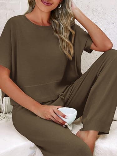 Fisoew Womens 2 Piece Outfits Sweater Sets Knit Split Crop Tops High Waisted Pants Lounge Set - Thumbnail 4