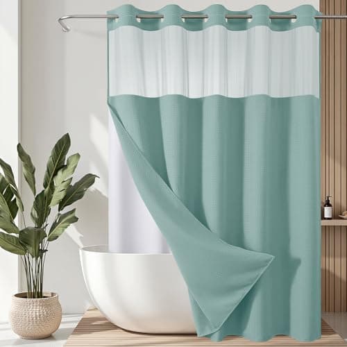 VANZAVANZU Hookless Shower Curtain with Mesh Top and Snap in Waterproof Liner, Waffle Weave, Weighted Magnets Hem, Machine Washable, 72 x 75 Inches – (Blue) - Image 1
