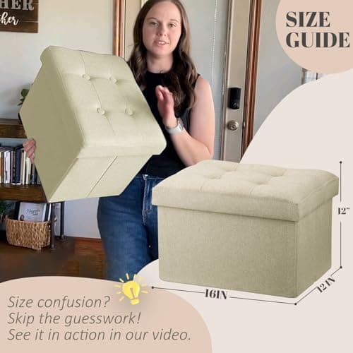 LINMAGCO Ottoman Storage Ottoman with Storage Small Foot Rest Stool Under Desk Stool Short Folding Footrest Linen Cloth Beigh 16X12X12IN - Thumbnail 3