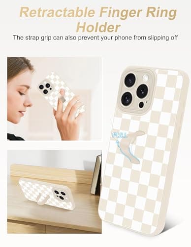 Aitipy Checkered Phone Case Compatible with iPhone 13 Pro, with Finger Hand Strap Kickstand Shockproof Full Camera Protection Soft TPU Protective Cover for Women Girls, Beige Checkerboard - Thumbnail 3