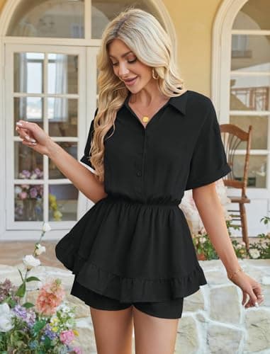Angashion Womens Summer Shorts Romper: Self Tie V Neck Layer Ruffle Hem Romper Dress with Pockets 2492Black Small - Thumbnail 2