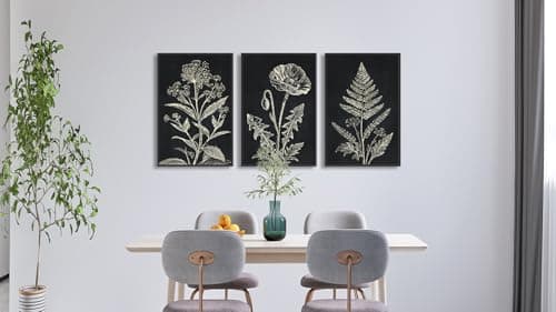 Large Framed Botanical Wall Art, Minimalist Floral Canvas Prints, Black and White Farmhouse Plant Artwork Flower Pictures for Living Room Bathroom Bedroom Office Décor 24"x36"x3Pcs - Thumbnail 3