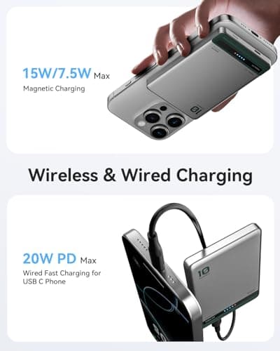 Kuulaa for MagSafe Battery Pack 10000mAh, Alloy Type C 20W Ultra Slim Wireless Portable Phone Charger with USB-C Cable, 0.51in Magnetic Power Bank for iPhone 16/15/14/13/12 (Silver) - Thumbnail 5
