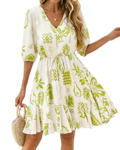 BTFBM Women Summer Spring Floral Boho Dress 2026 V Neck Short Sleeve Ruffle Beach Vacation Clothes Wedding Guest Dresses(Floral Apricot Green, Medium) - Image 1